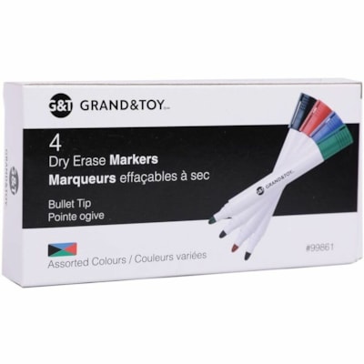 Grand & Toy Low-Odour Dry-Erase Markers, Assorted Colours, Bullet, 4/PK - Bullet Marker Point - Erasable - Assorted, Black, Green, Blue, Red Ink - White Barrel - 4 / Pack POINTE 4/PK RED BLK GRN & BLUE TEMPORARY SUB ITA01019