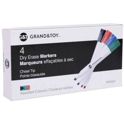 Grand & Toy Low-Odour Dry-Erase Markers, Assorted Colours, Chisel, 4/PK - Chisel Marker Point - Assorted, Black, Green, Blue, Red Ink - White Barrel - 4 / Pack TIP 4/PK RED BLACK GREEN & BLUE
