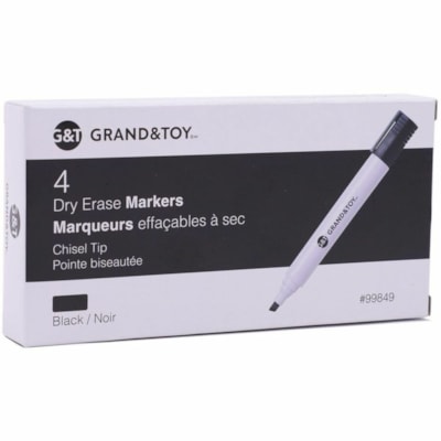 Grand & Toy Low-Odour Dry-Erase Markers, Black, Chisel, Pack of 4 - Chisel Marker Point - Erasable - Black Ink - White Barrel - 4 / Pack TIP 4/PK BLACK 