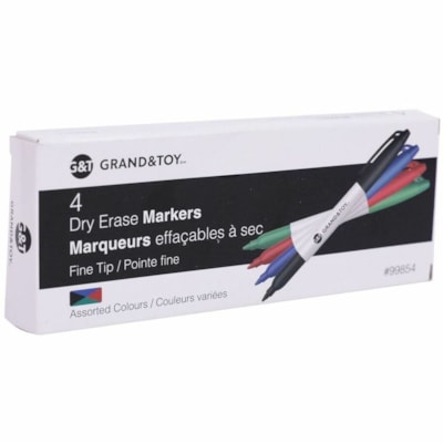 Grand & Toy Low-Odour Dry-Erase Markers, Assorted Colours, Fine, 4/PK - Fine Marker Point - Erasable - Assorted, Black, Green, Blue, Red Ink - White Barrel - 4 / Pack 4/PK RED BLACK GREEN AND BLUE 