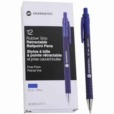 Grand & Toy Rubber Barrel Retractable Ballpoint Pens, Blue, Fine 0.7 mm, Box of 12 - 0.7 mm (0.03") Fine Round Pen Point - Retractable - Black, Blue Ink - Blue Barrel - 12 / Box FINE BLUE  REPLACED 97011 