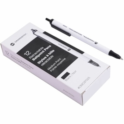 Grand & Toy Retractable Ballpoint Pens, Black, Medium 1.0 mm, 12/BX - 1 mm (0.04") Medium Round Pen Point - Retractable - Black Ink - White Barrel - 12 / Box BLACK REPLACED 97025 