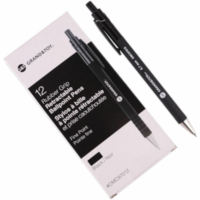 Grand & Toy Rubber Barrel Retractable Ballpoint Pens, Black, Fine, 0.7 mm, 12/BX - 0.7 mm (0.03") Fine Round Pen Point - Retractable - Black Ink - Black Barrel - 12 / Box BLACK  REPLACED 97012 