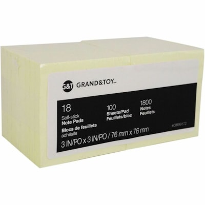 Grand & Toy Self-Stick Notes, Yellow, Unlined, 3" x 3" , 100 Sheets/Pad, 18 per Pack - 3" (76.20 mm) Flag/Note Width x 3" (76.20 mm) Flag/Note Length - Square - 100 Sheets per Pad - Yellow - Paper - Self-stick, Residue-free, Repositionable, Self-adhesive, Removable - 18 / Pack REPLACED 99140 