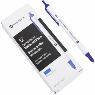 Grand & Toy Retractable Ballpoint Pens, Blue, Medium 1.0 mm, 12/BX - 1 mm (0.04") Medium Round Pen Point - Retractable - Blue Ink - White Barrel - 12 / Box BLUE REPLACED 97021 