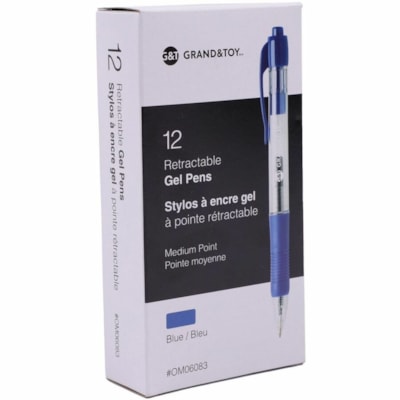 Grand & Toy Retractable Gel Pens, Blue, Medium, 0.7 mm, Box of 12 - 0.7 mm (0.03") Medium Pen Point - Retractable - Blue Ink - Gel-based - Clear Barrel - 12 / Box REPLACED 99351 