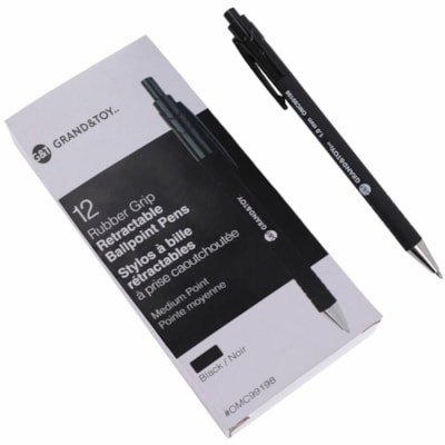 Grand & Toy Rubber Barrel Retractable Ballpoint Pens, Black, Medium, 1.0 mm, 12/BX - 1 mm (0.04") Medium Round Pen Point - Refillable - Retractable - Black Ink - Black Barrel - 12 / Box NON SLIP GRIP REFILLABLE ROUNDEDGE REPLACED 99198