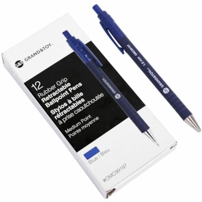 Grand & Toy Rubber Barrel Retractable Ballpoint Pens, Blue, Medium, 1.0 mm, 12/BX - 1 mm (0.04") Medium Round Pen Point - Refillable - Retractable - Blue Ink - Blue Barrel - 12 / Box NON SLIP GRIP REFILLABLE ROUNDEDGE REPLACED 99197