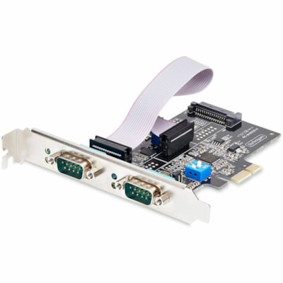StarTech.com 2-Port Serial PCIe Card, Dual-Port RS232/RS422/RS485 Card, 16C1050 UART, ESD Protection, Windows/Linux, TAA-Compliant - 2-Port PCIe Serial Card features on-board DIP switches allowing each DB9 port to operate in RS-232/RS-422/RS-485 independently; Jumpers provide the option of 12V/5V/RI  CTLR 