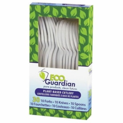 Eco Guardian Cutlery Set - 30 Piece(s) - Cutlery Set - 10 x Spoons - 10 x Forks - 10 x Knives - Breakroom - Disposable - Plant Starch - Natural White - 30 / Pack FORK/SPOON/KNIFEF OFF WHITE 