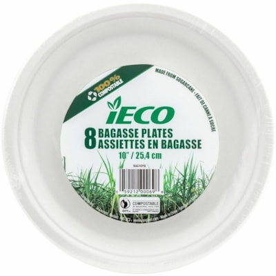 iECO Table Ware - Party, Food - Disposable - Microwave Safe - 10" (254 mm) Diameter - White - Bagasse, Sugarcane Body - Round - 24 Pack - 192 / Carton 8/PK X 24/CS 