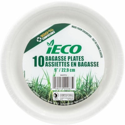 iECO Table Ware - Food - Disposable - Microwave Safe - 9" (228.60 mm) Diameter - White - Bagasse, Sugarcane Body - Round - 24 Pack - 240 / Carton 10/PK X 24/CS 
