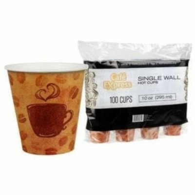 CAFE EXPRESS 10 Oz Cup - Coffee Design - 295.74 mL - Hot Drink, Beverage - 100 / Pack SINGLE WALL HOT CUP 