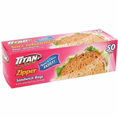 TITAN Storage Bag - Small Size - 6.50" (165.10 mm) Width x 6" (152.40 mm) Length - Zipper Closure - Clear - Polyethylene - Storage - 50 / Pack SMALL 