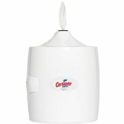 Certainty Wall Mount Wipes Dispenser (White) - 12.28" (312 mm) Height x 10" (254 mm) Width x 10" (254 mm) Depth - Plastic - White - Wall Mountable, Durable, Key Lock, Anti-bacterial LARGE ROLL FORMAT UP TO 1500 WIPES PER ROLL