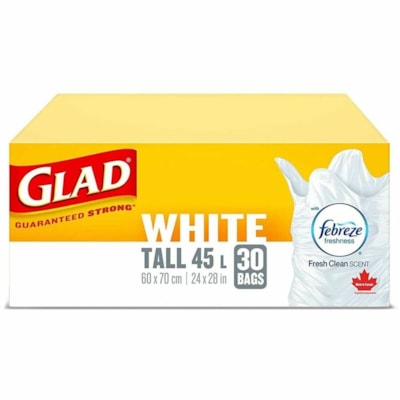 Glad Easy-Tie Trash Bag - 11.89 gal (45000 mL) Capacity - Tie Closure - White - Plastic - Garbage, Kitchen - 12 / Pack FEBREZE FRESH CLEAN SCENT TALL 