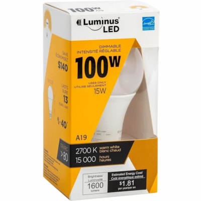 Luminus LED Light Bulb - 15 W - 100 W Incandescent Equivalent Wattage - 1600 lm - A19 Size - Warm White Light Color - 2700°K (4400°F) Color Temperature - Dimmable - 6 / Case DIMMABLE 