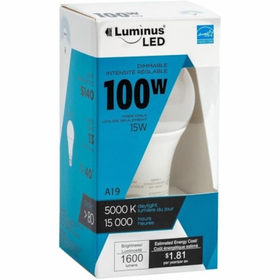 Luminus LED Light Bulb - 15 W - 100 W Incandescent Equivalent Wattage - 1600 lm - A19 Size - Daylight Light Color - 15000 Hour - 5000°K Color Temperature - Dimmable - 1 Unit DIMMABLE 