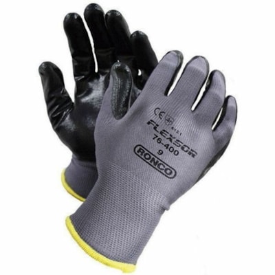 RONCO Flexsor 76-400 Work Gloves - Nitrile Coating - Small Size - Nylon - Black, Gray - Reusable, Excellent Grip, Comfortable, Abrasion Resistant, Breathable, Soft, Seamless, Flexible, Knit Wrist - For Assembly, Shipping, Machinery, General Trade, Warehouse, Finished Goods, Carpentry, Stocking, Cabl SMALL NITRILE COATED NYLON GLOVES