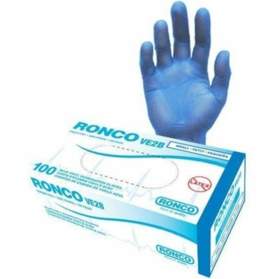 RONCO VE2B Examination Gloves - 4 mil (0.10 mm) Thickness - Allergy Protection - Small Size - Vinyl - Blue - Powder-free, Disposable, Lightweight, Comfortable, Flexible, Latex-free, Water Resistant - For Automotive, Electronic, Food Service, Industrial, Manufacturing, Printing, Beauty Salon, Hospita BLUE EXAM GLOVES POWDER FREE 