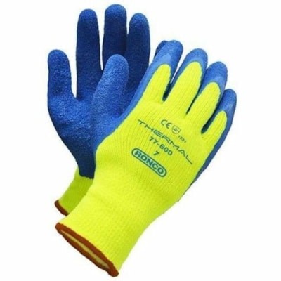 RONCO - Gants de travail thermiques enduits de latex THERMAL - Transfert thermique, Mouillé Protection - Latex froissé Revêtement - Petit Taille - Terry acrylique - Bleu, Jaune - Résistant au froid, Confortable, Excellente adhérence, Souple, Léger, Haute visibilit&  