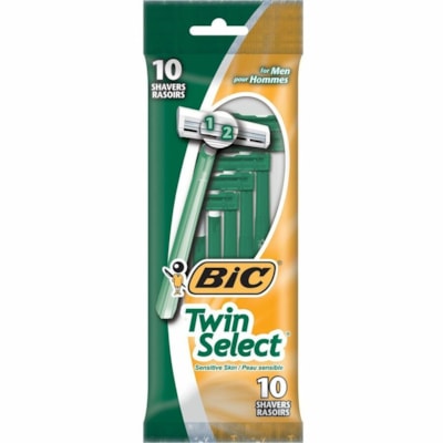 BIC Twin Select Shaving Razor - Fixed Head - Long Handle - ForSensitive Skin - Green, White - 10 / Pack - Comfortable DISPOSABLE SHAVER FOR MEN GREEN