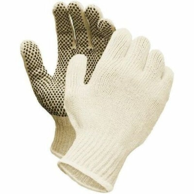 RONCO Care Work Gloves - Polyvinyl Chloride (PVC) Coating - Medium Size - Polyester Cotton - Natural, Yellow - Grip Dots, Washable, Comfortable, Food Safe, Firm Wet Grip, Knit Wrist - For Food Processing, General Labor, Assembly, Warehouse, Finished Goods, Beverage Processing, Landscaping, Inventory WITH PVC DOTS (ONE SIDE) 