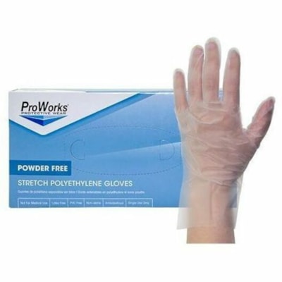 ProWorks Multipurpose Gloves - 2 mil (0.05 mm) Thickness x 10" (254 mm) Glove Length - Small Size - Polyethylene - Clear - Disposable, Powder-free, Stretchable, Soft, Non-sterile, Latex-free, Phthalate-free - For Janitorial Use, Assembly, Industrial, Food Handling, Food Processing, Food Service, Gen LATEX  PVC AND POWDER FREE 200/BX  PROWORKS  10" LENGTH