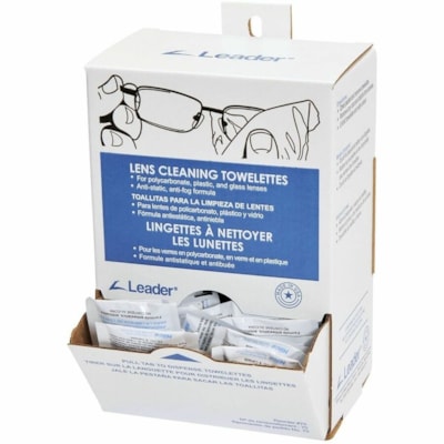 Leader Lens Cleaner - For Plastic, Glass, Face Shield, Goggle, Respirator, LCD, Equipment, Lens - Pre-moistened, Anti-fog, Silicone-free, Streak-free, Anti-static - White - 100 / Unit ANTI-FOG AND ANTI-STATIC 5"X 8"