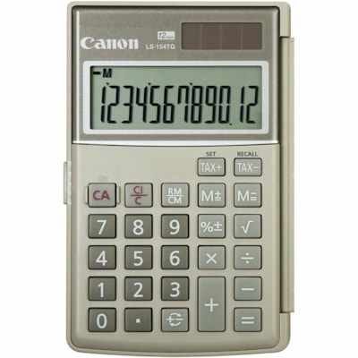 Canon LS-154TG Handheld Calculator - Auto Power Off, Dual Power, 3-Key Memory, Protective Hard Shell Cover - 12 Digits - LCD - Battery/Solar Powered - 1 x CR2016 - 0.6" Height x 3.1" Width x 4.8" Length - Plastic - Handheld MADE FROM REC. COPIERS TAX FUNCTION  SQUARE ROOT