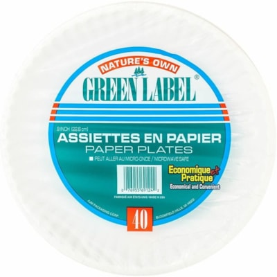 AJM Green Label Recyclable Paper Plates, White, 9" , 40/PK - Microwave Safe - 9" (228.60 mm) Diameter - White - Paper Body - 40 / Pack 40/PK 