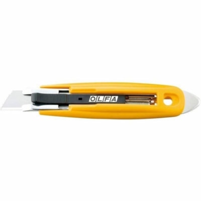 Olfa SK-9 Semi-Automatic Self-Retracting Safety Knife with Tape Splitter - Stainless Steel Blade - Self-retractable, Spring-loaded Blade, Durable, Contoured Grip, Comfortable Grip, Textured Grip, Long Lasting, Quick-release Blade, Heavy Duty, Staple Remover - ABS Plastic, Metal - Yellow, Black SELF-RETRACTING SAFETY KNIFE 