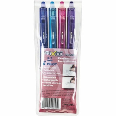 Crestar FriXion Ball Gel Pen - 0.7 mm (0.03") Fine Pen Point - Refillable - Retractable - Purple, Pink, Turquoise, Blue Ink - Thermosensitive Gel Ink - Blue, Turquoise, Pink, Purple Barrel - Stainless Steel, Carbide Tip - 4 / Pack SET OF 4  ASSORTED COLOURS 