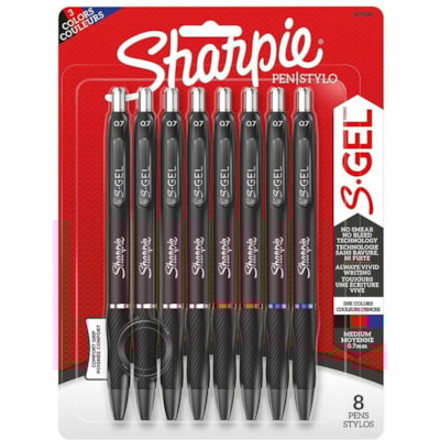Sharpie S-Gel Gel Pen - 0.7 mm (0.03") Medium Pen Point - Retractable - Black, Red, Blue Ink - Gel-based - Black Barrel - 8 / Pack  