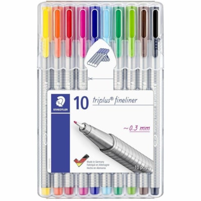 Staedtler Triplus Permanent Marker - 0.3 mm (0.01") Extra Fine Marker Point - Yellow, Orange, Red, Pink, Dark Blue, Light Blue, Dark Green, Light Green, Brown, Black Ink - Silver Gray Barrel - 10 / Pack PEN - 10PK ERGO GRIP  DRY SAFE ARTS & DRAFTING SUPERFINE