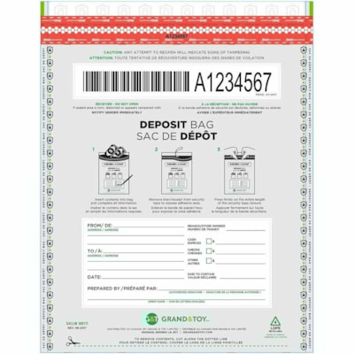 Grand & Toy 9" x 12" Tamper-Evident Deposit Bag - 12" (304.80 mm) Length x 9" (228.60 mm) Width - Assorted - Deposit - 100 / Box 9" X 12" 