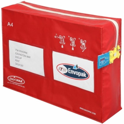 ITW Envopak Courier Bag - 7 lb (3175.15 g) Capacity - 16" (406.40 mm) Width x 4" (101.60 mm) Depth - 4" (101.60 mm) Gusset - Zipper Closure - Red - Polyester, Polyvinyl Chloride (PVC) - Deposit - 1 Unit RED H/D TAMPER PROOF SEAL HOLDS 7 LBS