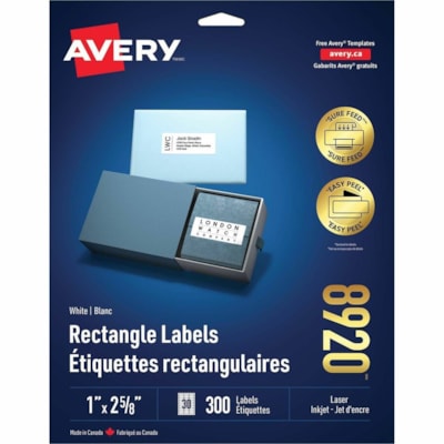 Avery White Rectangle Labels with Sure Feed(tm) Technology - 1" (25.40 mm) Width x 2 5/8" (66.55 mm) Length - Permanent Adhesive - Rectangle - Laser, Inkjet - Matte - White - Paper - 30 / Sheet - Easy Peel, Jam-free, Smudge-free, Pop Up Edge - 300 / Pack 1" X 2-5/8" PERMANENT ADHESIVE FOR LASER AND INKJET PRINTERS