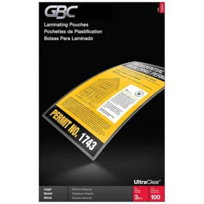 Swingline GBC UltraClear Laminating Pouch - Sheet Size Supported: Legal - Laminating Pouch/Sheet Size: 9" (228.60 mm) Width x 14.50" (368.30 mm) Length x 3 mil (0.08 mm) Thickness - Glossy - for Laminator, Document - Flexible - Ultra Clear - 100 Pack LEGAL 9" X 14 1/2" 100/PK 
