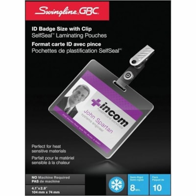 Swingline GBC SelfSeal Laminating Pouch - Sheet Size Supported: Badge Card 4.13" (104.78 mm) Width x 2.93" (74.42 mm) Length x 8 mil (0.20 mm) Thickness - for Document, Photo, Certificate - Self-adhesive, Wear Resistant, Tear Resistant, Durable - 10 Pack W/CLIPS-TRANSPARENT SAFE&EASY 8MIL PVC 2-15/16"X4-1/16"10/PK