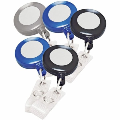 GBC Badgemates Badge Holder - Plastic, Metal, Vinyl, Nylon - Clear, Black, Blue, Gray - Retractable Cord, Durable, Pocket Clip, Secure - 5 / Pack 2 BLK 2 BLU AND 1 GREY 5/PK 