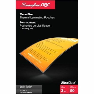 Swingline GBC UltraClear Laminating Pouch - Sheet Size Supported: Menu 11.50" (292.10 mm) Width x 17.50" (444.50 mm) Length - Laminating Pouch/Sheet Size: 3 mil (0.08 mm) Thickness - for Laminator, Document - 50 Pack MENU 11 1/2" X 17 1/2" 50/PK 