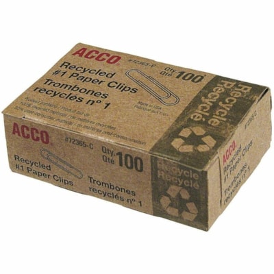ACCO Paper Clip - No. 1 - Durable, Smooth - Silver - Alloy Steel - 10 / Pack STANDARD SIZE 100 CLIPS PER BOX 50\% POST CONSUMER WASTE
