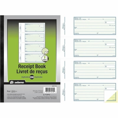 Adams Receipt Book - 2 Part - Carbonless Copy - 7 5/8" (19.4 cm) x 10 7/8" (27.6 cm) Sheet Size - White, Yellow Sheet(s) 2PT  BILINGUAL  200 DUPLICATES 7-5/8" X 10-7/8"