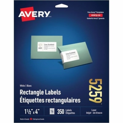 Avery - Etiquette d'adresse 5259 - largeur de 4 po (101,60 mm) x longueur de 1 1/2 po (38,10 mm) - Permanent Adhésif - Rectangulaires - Laser - Blanc - Personnalisables, Sans bourrage, Anti-bavure - 14 / Feuille - 350 emballage PERMANENTES  BLANCHES 4"X1-1/2"  350 éTQ./PQT LASER