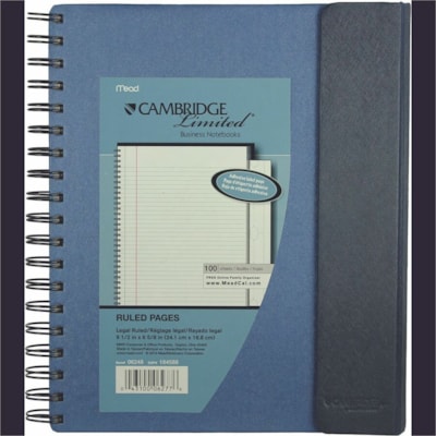 Cambridge Archiving Notebook - 100 Sheets - Twin Wirebound - 9.50" (241.30 mm) Height x 7.87" (199.90 mm) Width x 0.87" (22.10 mm) Depth - White Paper - Black Binding - Gray, Blue Cover - Flap, Hard Cover, Perforated, Magnetic Closure, Pen Loop, Pocket, Archival, Adhesive Tab RULED PERF. SHEETS HARD COVER MAG. CLOSE  PEN LOOP