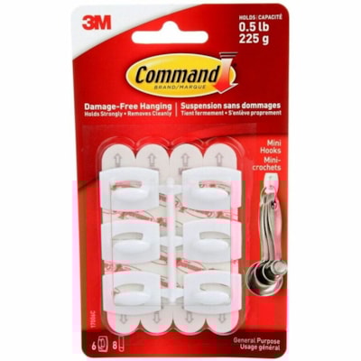Command Hook - 6 Hooks - 8 oz (226.80 g) Capacity - for Apartment, Dorm, Glass, Home, Office, Paint, Tile, Tool, Wall, Wood - Plastic - White 6HOOKS 8STRIPS PER PACK HOLDS UP TO .5LBS
