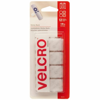 VELCRO® Hook & Loop Fastener - 0.88" (22.4 mm) Length x 0.88" (22.4 mm) Width - White - Nylon - Water Resistant - For Smooth Surface, Wall, Glass, Tile, Plastic, Metal, Multi Surface, Classroom, Office, Garage, Crafting, ... - 12 / Pack STICKY BACK SQUARES. WHITE 