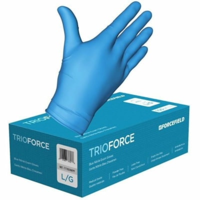 Forcefield TrioForce Nitrile Disposable Examination Gloves (Case of 1000 Gloves) - 4 mil (0.10 mm) Thickness - Bacteria, Microorganism, Chemical Protection - Small Size - Nitrile - Blue - Latex-free - For Examination, Industrial - 1000 / Case CLASS 2 MG 100/BX LATEX FREE  POWDER FREE