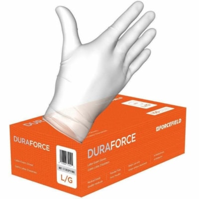 Forcefield Duraforce Latex Disposable Examination Gloves (Case of 1000 Gloves) - Large Size - Male - For Right/Left Hand - Latex - White - For Examination, Food Processing, Food Handling, Quality Control, Electronic Assembly, Laboratory Application, Maintenance - 1000 / Case CLASS 2 MED. DEVICE 100/BOX POWDER-FREE